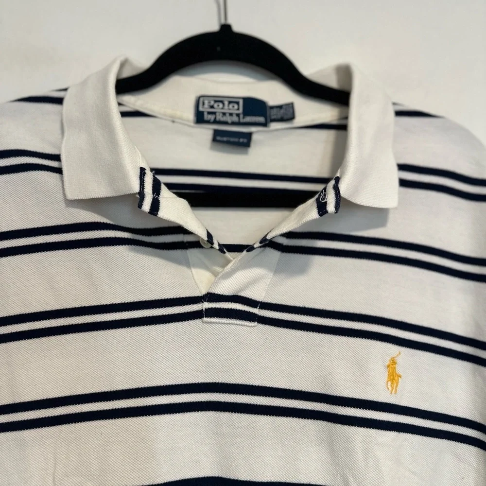 POLO RALPH LAUREN SzXXL Pique white/ navy striped Cotton Polo Short Sleeve Shirt
